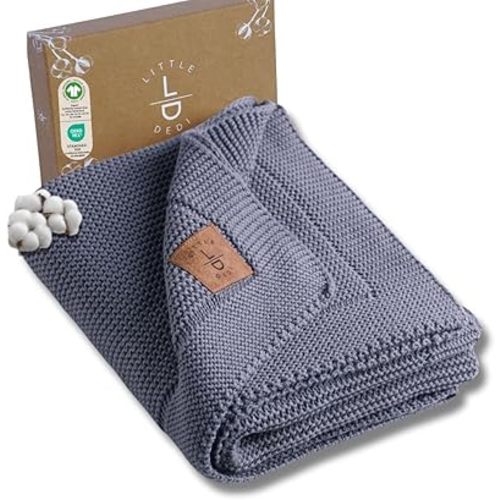 100% Organic Cotton GOTS Certified Baby Knitted Blanket with Gift Box - Soft Toddler, Crib, Stroller Blanket - Neutral Swaddle and Receiving Blanket for Newborns, 30"x40", Grey Blue