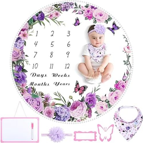Chumia 6 Pcs Monthly Baby Milestone Blanket Set Baby Age Month Blanket Newborn Growth Chart with Bandana Frame Headband for Background (Purple,Elegance Style)