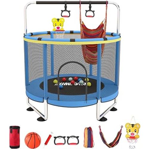 Trampoline for Kids, Adjustable Baby Toddler Trampoline with Basketball Hoop, 440lbs Indoor Outdoor Toddler Trampoline with Enclosure