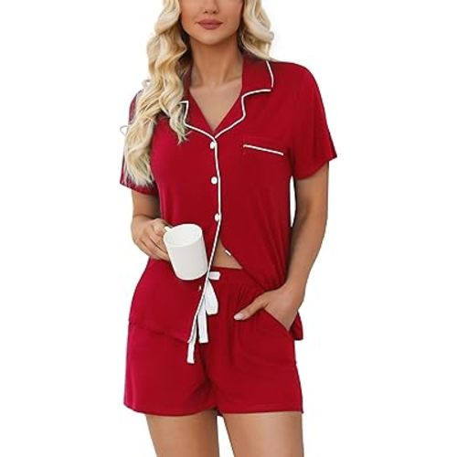 Samring Womens Pajamas Set Short Sleeve Sleepwear Button Down Nightwear Shorts Soft Pj Sets S-XXL