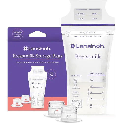 Lansinoh Breastmilk Storage Bags, 50 Count with 2 Pump Adapters, Baby Essentials, Fast Freeze & Thaw Breast Milk Bags for Baby Bottle Feeding, Superior Strength & Stretch, 6 Ounce