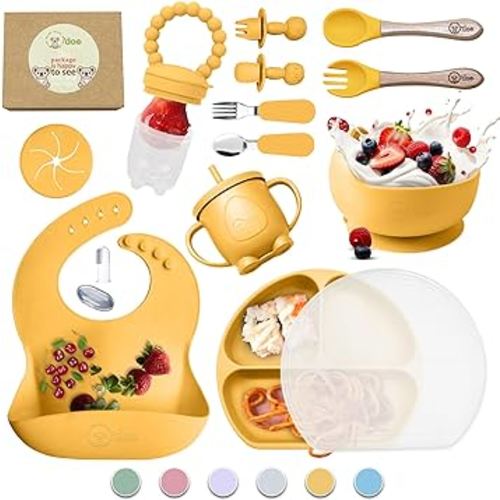 O'doe 17-Pcs Silicone Baby Feeding Set – Baby Led Weaning Supplies with Suction Plates for Toddlers, Baby Plates and Bowls Set (Yellow, V2)