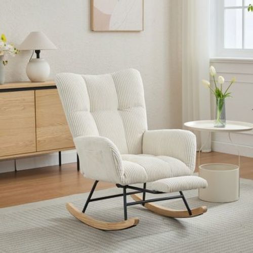 Modern Nursery Rocking Chair with Footrest, Teddy Upholstered Glider Chair with High Backrest & Solid Wood Legs, Beige - ModernLuxe