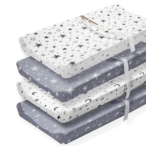 4 Pack Star and Moon Neutral Unisex Fitted Baby Sheets Set for Baby Boys or Girls (Changing pad Cover)