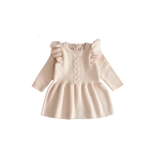 Eva Ruffle Shoulder Long Sleeve Knit Cotton Dress, 0-3M