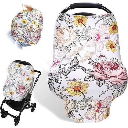 Floral Baby Car Seat Cover Girls, Infant Carseat Canopy, Stretchy Multi- use Nursing Cover for Stroller/High Chair/Shopping Cart/Car Seat Canopies