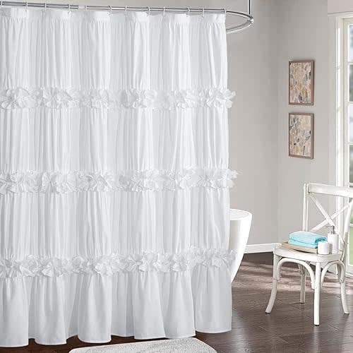 Victorian Ruffle Shower Curtain, Vintage Handcrafted Bow Tie Bath Curtain for Master Bathroom, Ruched Microfiber Bathroom Curtain with 12 Buttonholes, 72" W x 84" H, White (LQ-10)