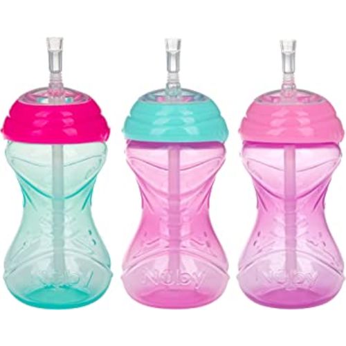 Nuby 3 Piece No-Spill Easy Grip Cup with Flex Straw, Clik It Lock Feature, Girl, 10 Ounce