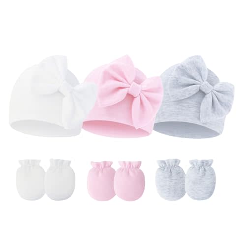 Fecawd Newborn Baby Hats Mittens Sets Bow Infant Caps Gloves No Scratch Mitten Beanie Set for 0-6 Months Girls