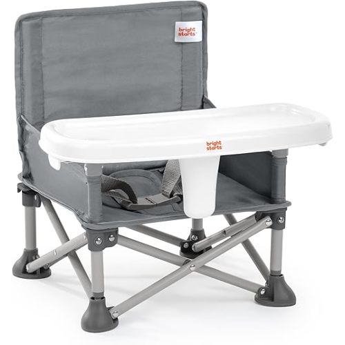 Bright Starts Pop 'N Sit Portable Booster, Indoor/Outdoor Use, Floor Seat with Feeding Tray, Grey, 6 Mos - 3 Yrs