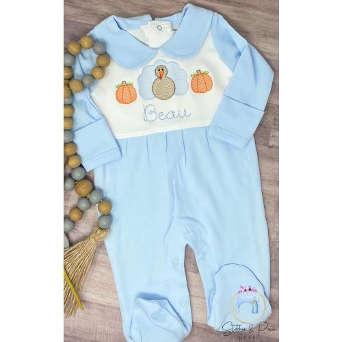 Baby Boy First Thanksgiving Outfit/Monogrammed Personalized Footie/Turkey, Pumpkin/Baby Shower Gift/Newborn/Embroidered Romper/Sleeper