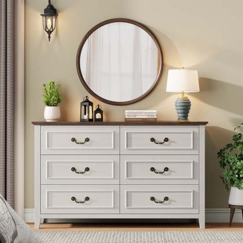 LainTene White Dresser for Bedroom, 47" Farmhouse Dresser with Antique Handles, Vintage 6 Drawers Dresser, Chest of Drawers Storage Cabinet for Living Room, Entryway