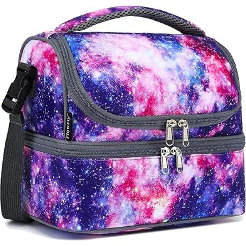 FlowFly Double Decker Cooler Insulated Lunch Bag Large Tote for Boys, Girls, Men, Women, With Adjustable Strap,Galaxy