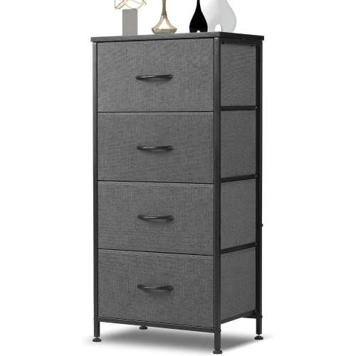 4 Drawer Dresser, Tall Chest Of Drawers Nightstand Storage Tower Storage Dresser Fabric Dresser With Wood Top for Living Room, Bedroom, Hallway,Grey