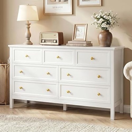CARPETNAL White Dresser for Bedroom, 7 Drawer Dresser with Wide Drawers and Gold Metal Handles, 55" White and Gold Dressers TV Stand, Modern Dressers & Chests of Drawers for Hallyway, Entryway