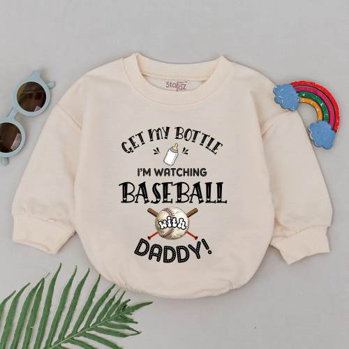 Get My Bottle I&#39;m Watching Baseball With Daddy Romper, Baseball Baby Gift, Father&#39;s Day Outfit, Baby Boy Baseball Outfit Kid, Natural Romper