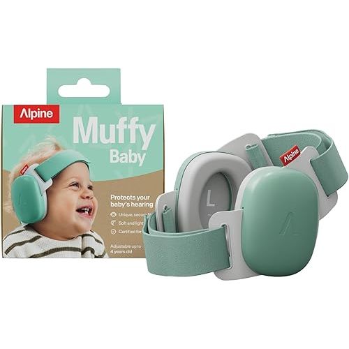Alpine Muffy Baby Comfort - Protects Hearing for Babies and Toddlers - CE & ANSI Certified - Unique Headband for Safe fit & Comfort - Multi-adjustable for Ages 3-48 Months, 24dB Sound Reduction, Green