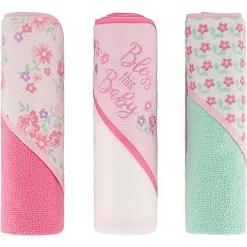 Cudlie Buttons & Stitches Baby Girl 3 Pack Rolled/Carded Hooded Towels in Bless This Baby Print, GS71730