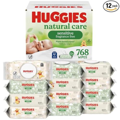 Huggies Natural Care Sensitive Baby Wipes, Unscented, Hypoallergenic, 99% Purified Water, 12 Flip-Top Packs (768 Wipes Total), Packaging May Vary
