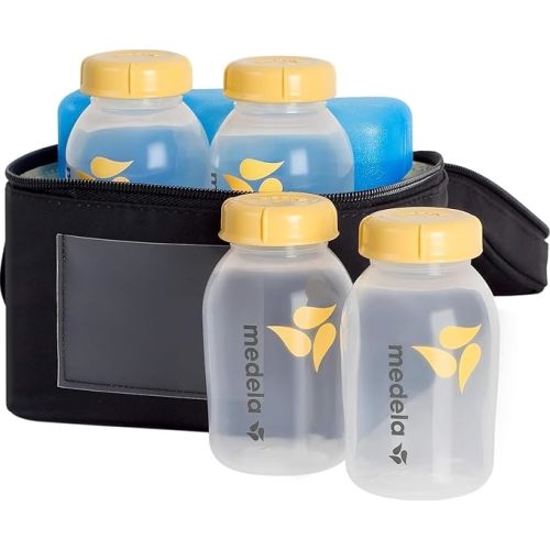 Medela Breast Milk Cooler Set with Cooler Storage Bag, Contoured Ice Pack, and Four 5-oz. Bottles for On-The-Go Transport, Made Without BPA