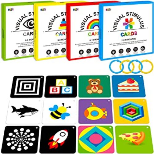 100 PCS 200 Page Black White Colorful 3D Visual Stimulation Baby Flashcard for Newborn Baby Infant Gift (4 Levels 0-36 Months, 5.5” X 5.5”)