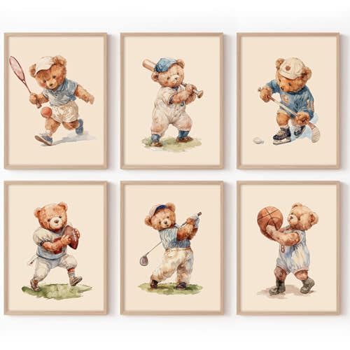 Olctedo Nursery Bear Wall Art Boy Sports Canvas Wall Decor Baby Nursery Prints Vintage Teddy Bear Poster Boy Room Wall Art Kids Animal Pictures Painting for Bedroom Playroom 8x10x6 Inch Unframed
