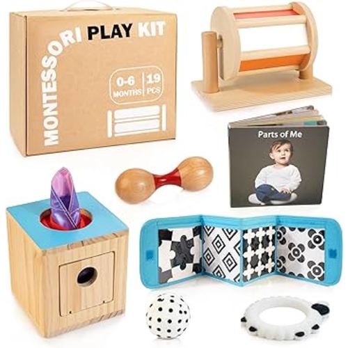 Montessori Toys for Babies 0-6 Months, 8 in 1 Learning Educational Sensory Toys for Newborn 0-3-6 Months, Includes Tissue Box, High Contrast Baby Toys, Spinning Drum, Teether and More