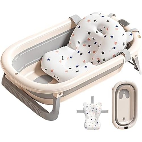 Collapsible Baby Bathtub, Baby Bathtub with Suspension Cushion, Suitable for Newborns (0-36) Months, Portable Travel Baby Tub（G+B）