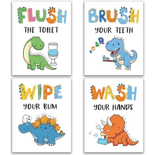 Dinosaur Bathroom Decor, Funny Dinosaur Themed Bathroom Inspirational Quotes Art Print Humorous Quotes Painting, Set of 4 (8”X10”), Unframed