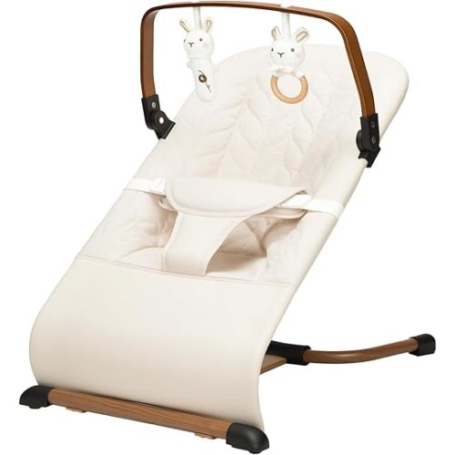 Portable Baby Bouncer, Bouncer Seat for Babies 0-12 Months, 3 Recline Positions, Foldable Baby Rocker Chair with Removable Wooden Bar, Beige