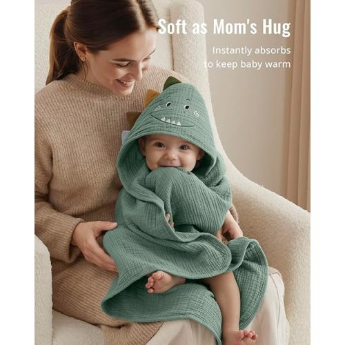 Muslin Baby Hooded Towel, Soft and Absorbent Bath Towel for Newborn, Infant, Toddler, Unisex, 32″x32″ - Roguish Dino