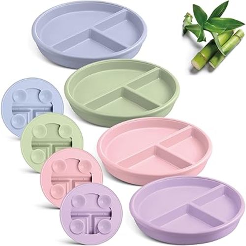 Domensi 4 Pcs Bamboo Plates Baby Suction Plates with Removable Silicone Shell, Made with Bamboo, Toddler Bowl Divided for Picky Eaters Kids Feeding LED Weaning Supplies, Dishwasher Safe
