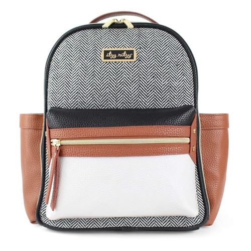 Itzy Ritzy Mini Diaper Bag – Chic Backpack with Vegan Leather Changing Pad, 8 Total Pockets (4 Internal and 4 External), Grab-Top Handle and Rubber Feet, Coffee & Cream