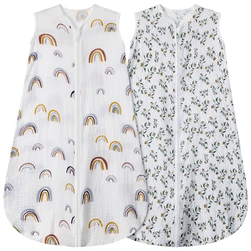 BSTOPPT 2 Pack Baby Sleep Sack 0-6 Months 100% Organic Cotton Muslin Baby Sleeping Bag 2-Way Zipper Wearable Blankets (Rainbow & Leaf, Small)