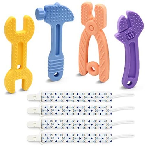 4Pack Baby Teethers&4Pack Pacifier Clips, Teething Toys 0-6 Months 6-12 Months - Soothe Babies Sore Gums - BPA Free Silicone - 8 Pack