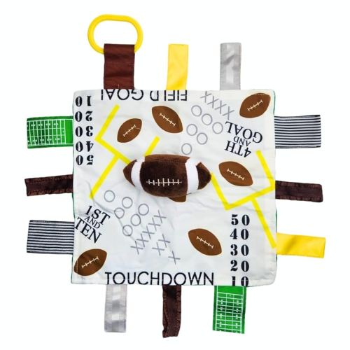Baby Jack & Co 10x10” Football Sports Lovey Sensory Plush Blanket - Tag Toys for Babies - Baby Stroller Toys - Learn Shapes, Letters & Colors - MVP Baby Ball Toy & Baby Sports Gift