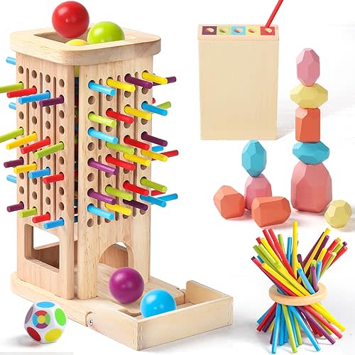 Montessori Toys for 3 Year Old Fine Motor Skills Toys for 5 Year Old Wooden Board Game - Educational Toys with Colorful Sticks, Dice & Stones, Family Game Gifts for Age 4 5 6 7 8 Boys Girls