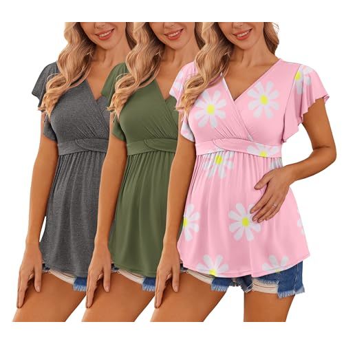 Ekouaer Maternity Shirts 3 Packs Flying Short Sleeve Nursing Tops Pregnancy Clothes