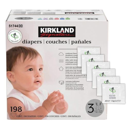 Kirkland Signature Diapers Size 3 (16 lbs - 28 lbs) 198 Count W/ Exclusive Health and Outdoors Wipes