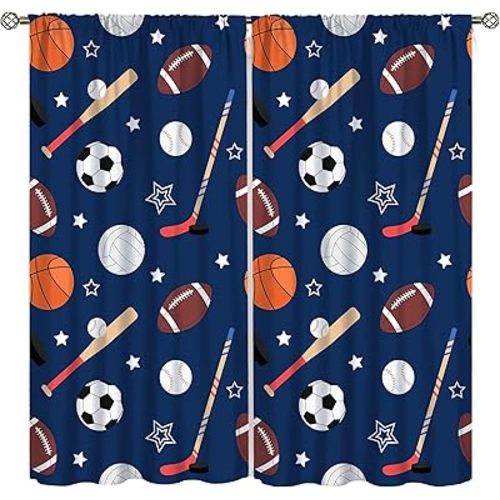 Kids Basketball Curtains, Football Baseball Rugby Sports Themed Window Treatments, Bedroom Living Room Nursery Blackout Curtains42X45 Inch
