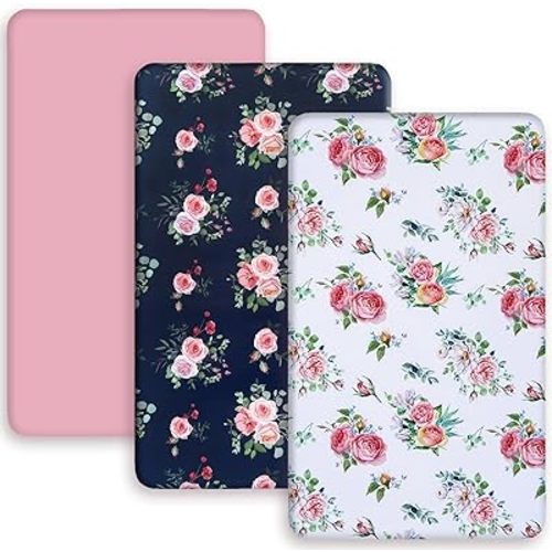 AMROSE 3 Pack Soft Floral Mini Crib Sheets, Microfiber Pack N Play Sheets Set for Baby Girls, Silk Touch Gentle Playard Sheet Portable Crib Sheet, Floral Theme
