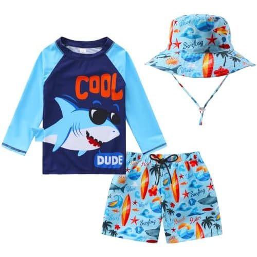 Baby-Boys Toddler Long Sleeved Rashguard Swim Bathing Suit and Sun Hat Set