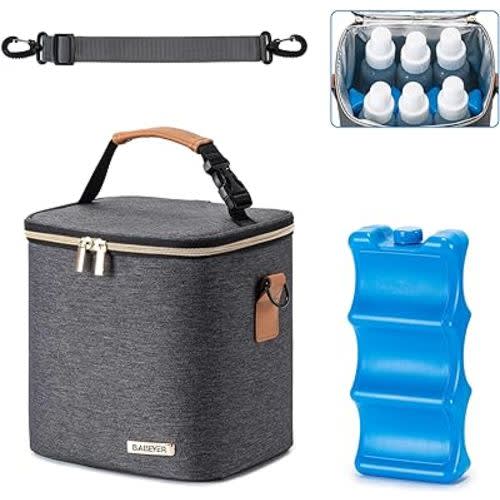 Breastmilk Cooler Bag with Ice Pack Fits 6 Baby Bottles Up to 9 Ounce, Baby Bottle Bag with Shoulder Strap for Nursing Mom Daycare,Dark Grey