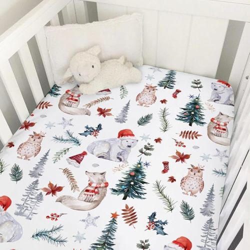 Woodland Animals Baby Crib Sheet 52''x28'' Christmas Animals Bear Fox Owl Tree Fir Leaves Snowflakes Fitted Crib Mattress Sheet for Boy Girl Bed Sheet for Standard Toddler Mattress - One size