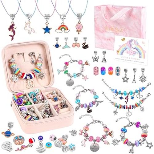 Girls Bracelet Making Kit,A Perfect Birthday Gifts for Girls Age 6 7 8 9 10,Jewelry Making Kit with Portable Jewelry Box,Cute Sparkling That Inspires Creativity and Self-Expression