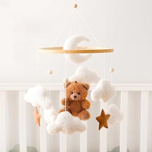 Baby Mobile for Crib Bear Cloud Crib Mobile Handmade Furry Nursery Mobile Gender Neutral Crib Toy Hanging for Nursery Decor Accessories