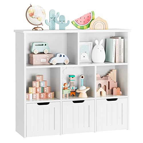 FOTOSOK Toy Storage Organizer with 3 Movable Drawers, Floor Storage Cabinet Toy Chest with Hidden Wheels and 5 Storage Cubbies, Multifunctional Storage Chest for Playroom, White