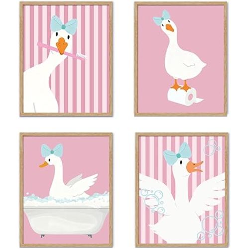 YZSLA Kids Bathroom Pink Goose Wall Art Decor,Girls Nursery Bathroom Wall Art Prints, Funny Animal Poster Art Prints Room Decorations for Kids Washroom Restroom Toilet Decor,8x10 Unframed Set of 4