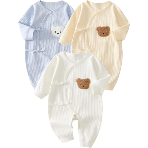 (3-6m) 3-Pack Baby Boys Girls Clothes, 100% Cotton Infant Newborn Outfit Cute Bear Ribbed Knit Long Sleeve Button Romper