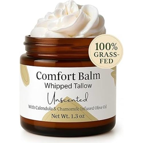 Whipped Tallow Balm – 100% Grass Fed Beef Tallow for Baby, Eczema & Sensitive Skin; Double-Infused with Calendula & Chamomile Herbs (Unscented Herb-Infused)